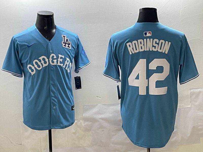 Men Los Angeles Dodgers 42 Robinson Light Blue Joint Name 2025 Nike MLB Jersey style 18